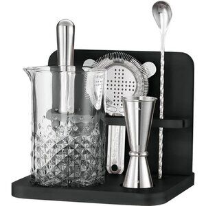 Crystal Cocktail Mixing Glass Set with Bar Tools Bamboo Stand 22 Oz Kit